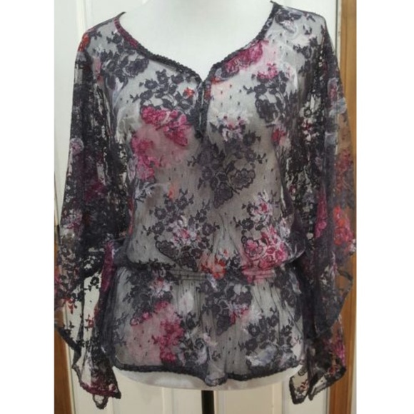 Free People Tops - Free People Floral Lace Top Sheer Kimono Sleeve XS
